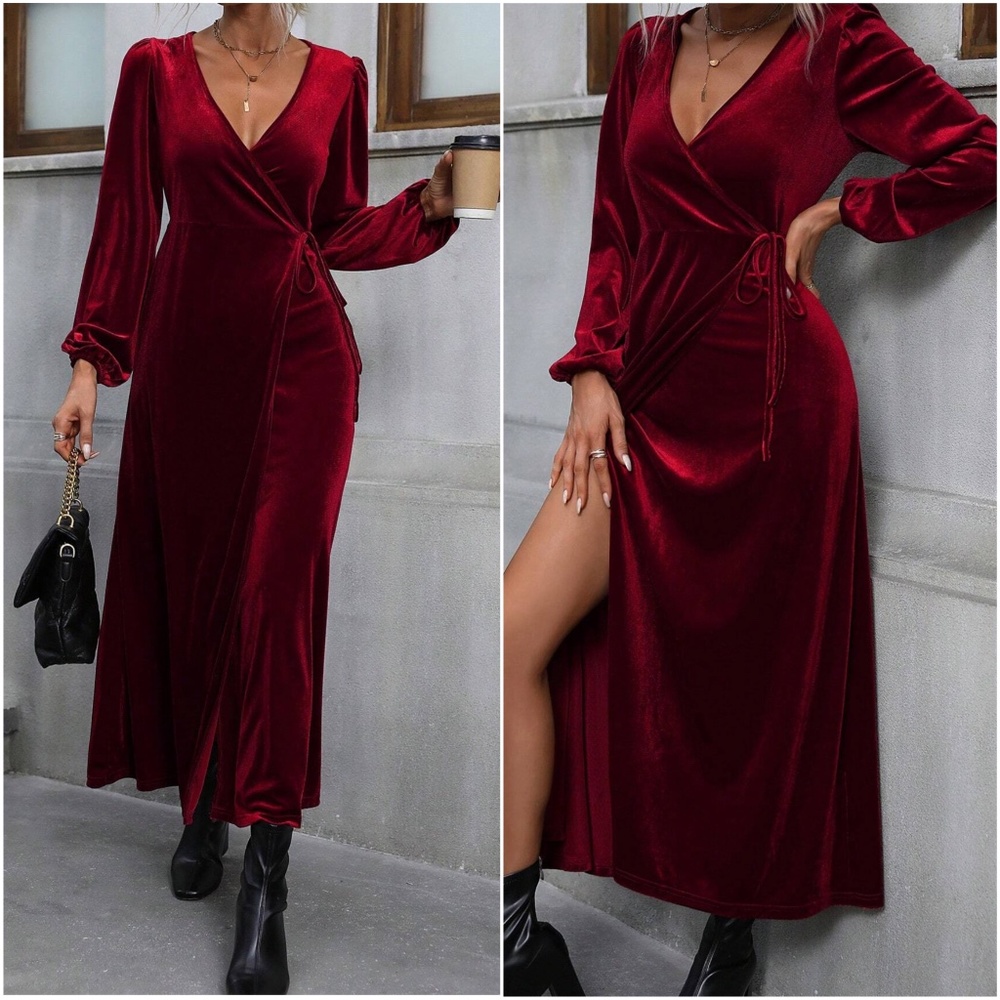 Velvet Surplice Wrap puff Long Sleeve Party Evening Dress